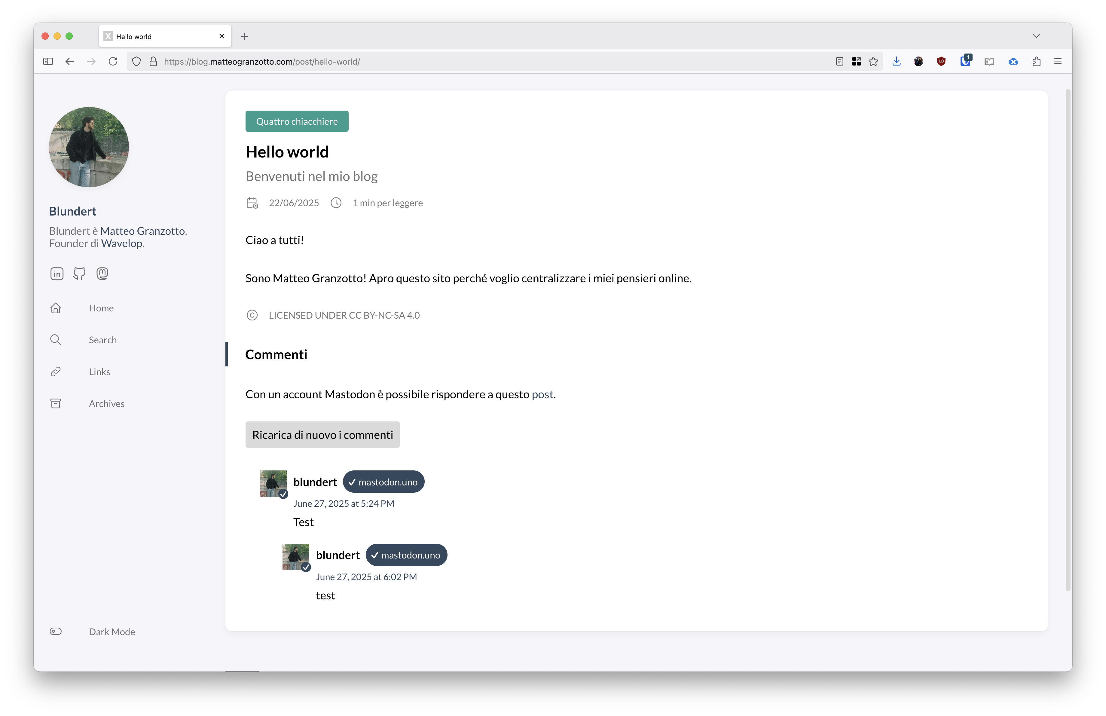 La pagina del post Hello World con i commenti